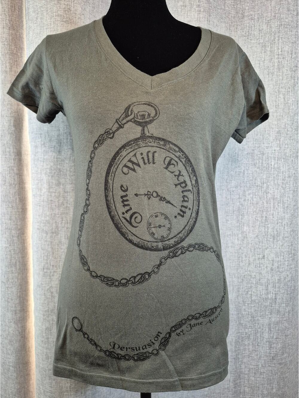Jane Austen Persuasion "Time Will Explain" Literary Graphic V-Neck Tee Medium